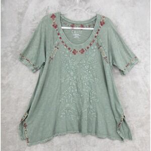 Caite Top Womens Medium Sage Green Floral Embroidered Slub Knit Boho Tunic Boxy